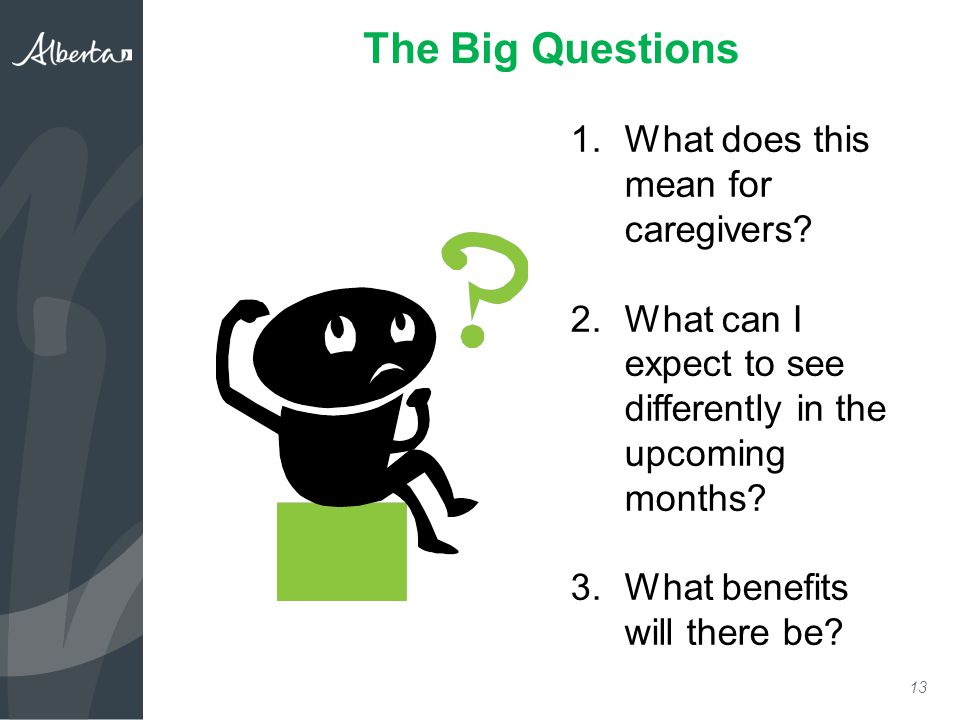 13 The Big Questions 1.What does this mean for caregivers.