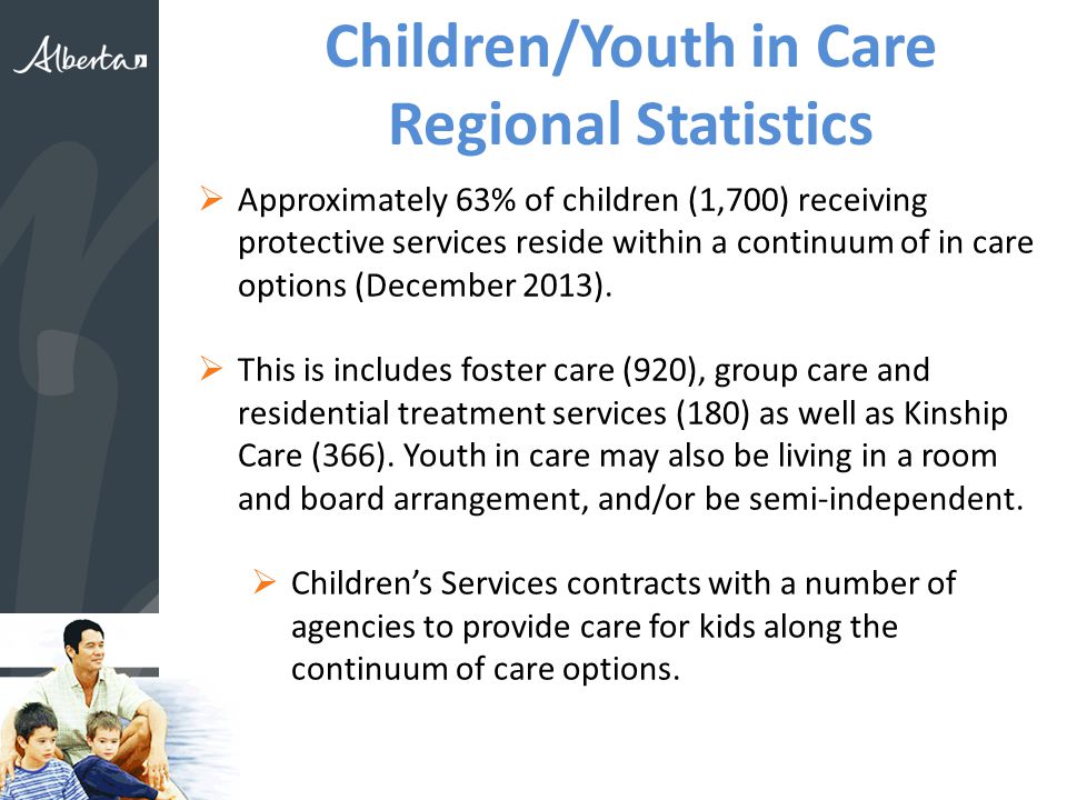 Children/Youth in Care Regional Statistics  Approximately 63% of children (1,700) receiving protective services reside within a continuum of in care options (December 2013).