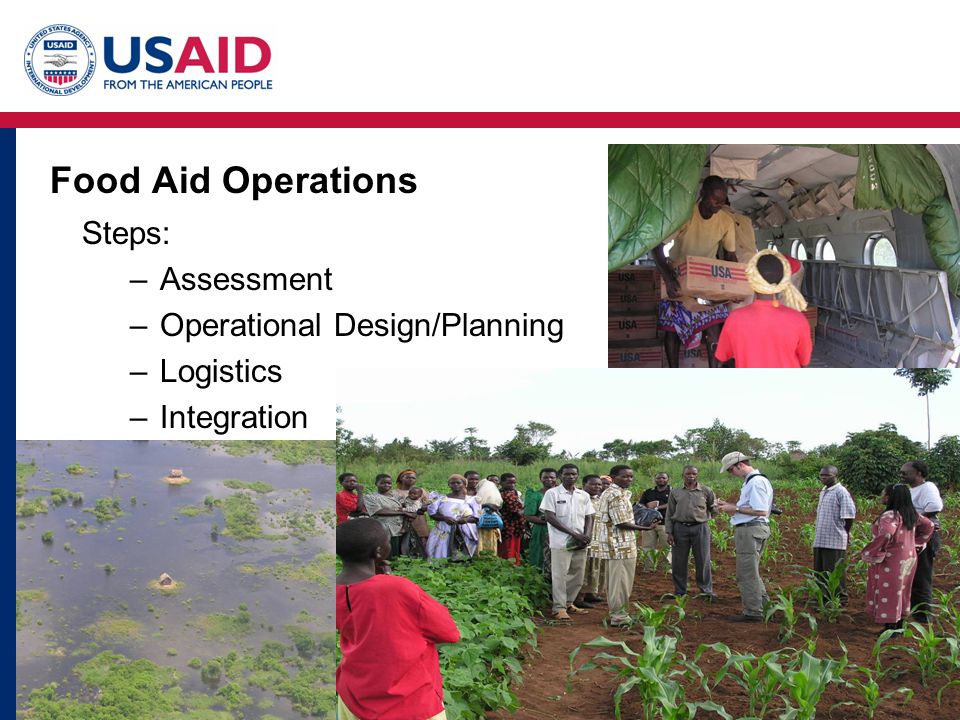 Food Aid Operations Steps: –Assessment –Operational Design/Planning –Logistics –Integration