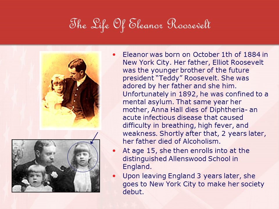 The Life Of Eleanor Roosevelt Eleanor was born on October 1th of 1884 in New York City.