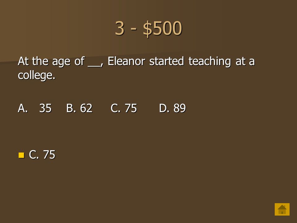 3 - $400 Because of her many accomplishments, Eleanor was voted ___.