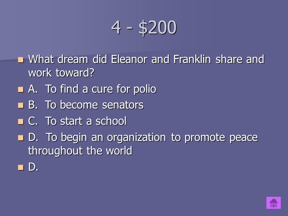 4 - $100 One of the biggest obstacles that Eleanor Roosevelt faced was her own __.