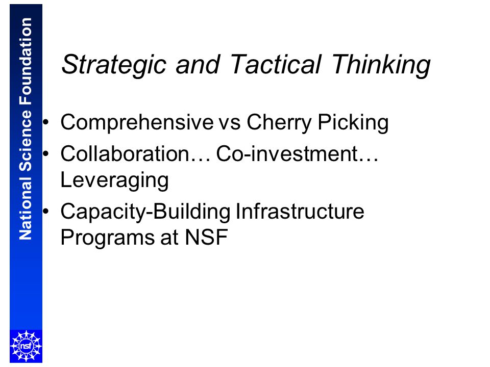 National Science Foundation Strategic and Tactical Thinking Comprehensive vs Cherry Picking Collaboration… Co-investment… Leveraging Capacity-Building Infrastructure Programs at NSF