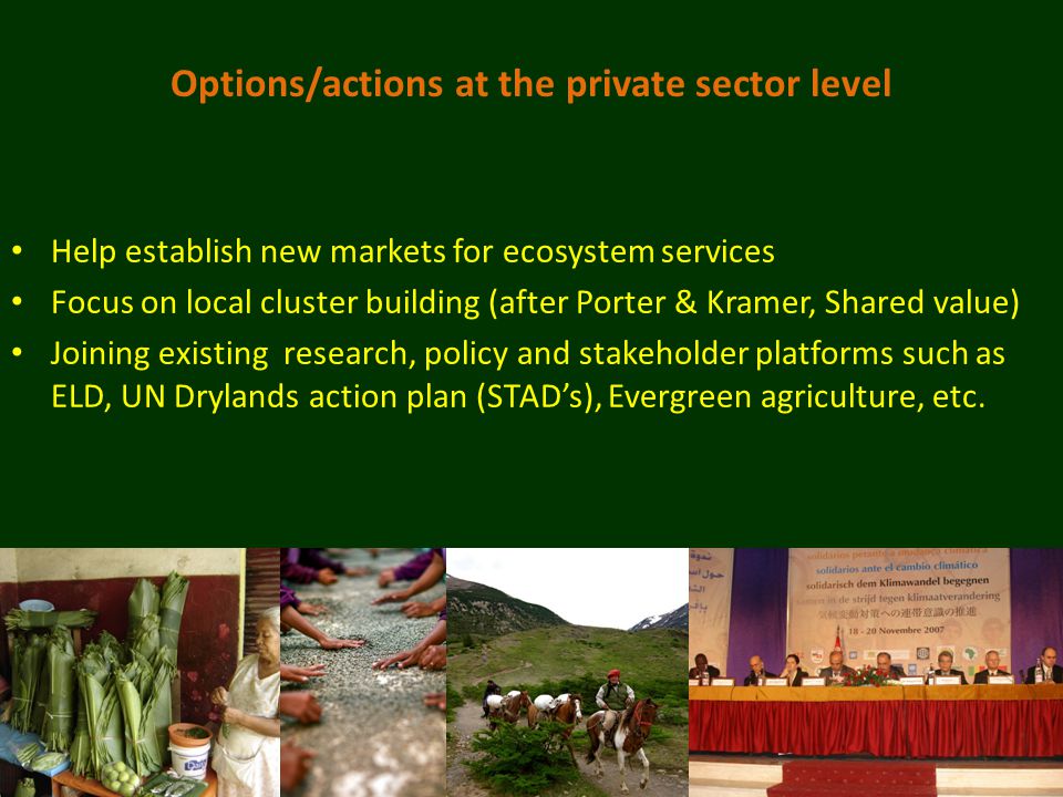 Options/actions at the private sector level Help establish new markets for ecosystem services Focus on local cluster building (after Porter & Kramer, Shared value) Joining existing research, policy and stakeholder platforms such as ELD, UN Drylands action plan (STAD’s), Evergreen agriculture, etc.