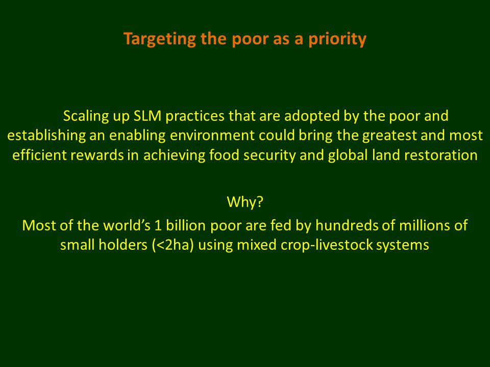 Targeting the poor as a priority Scaling up SLM practices that are adopted by the poor and establishing an enabling environment could bring the greatest and most efficient rewards in achieving food security and global land restoration Why.