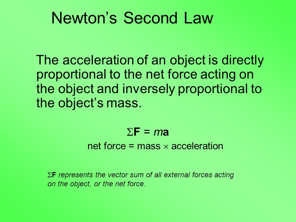 Newton’s Second Law The acceleration of an object is directly proportional to the net force acting on the object and inversely proportional to the object’s mass.