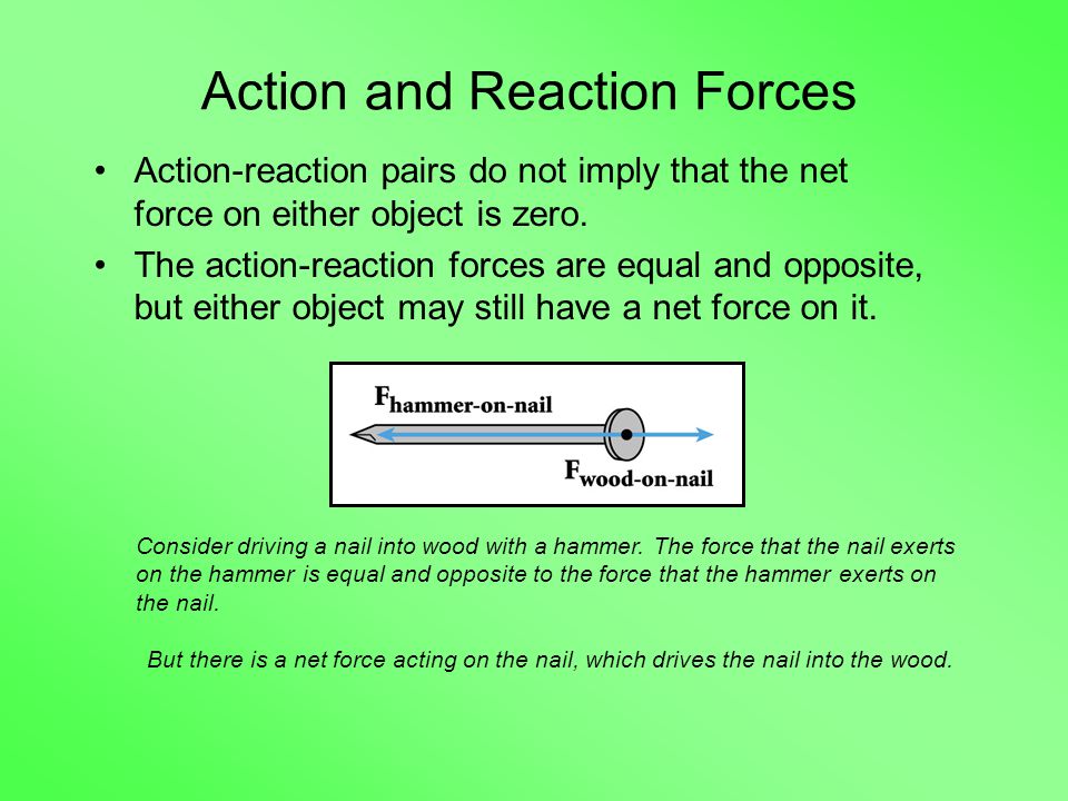 Action and Reaction Forces Action-reaction pairs do not imply that the net force on either object is zero.