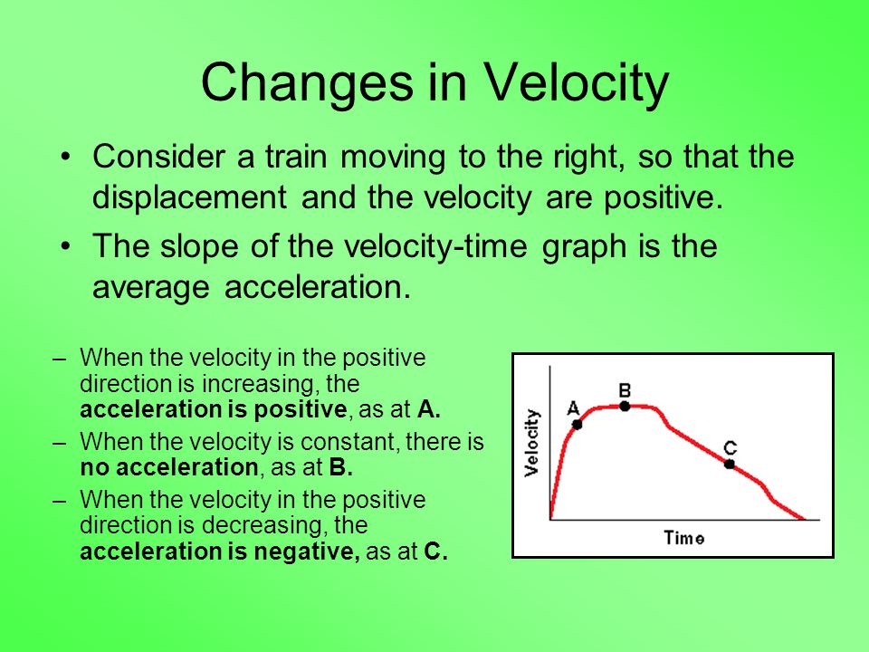 Changes in Velocity Consider a train moving to the right, so that the displacement and the velocity are positive.