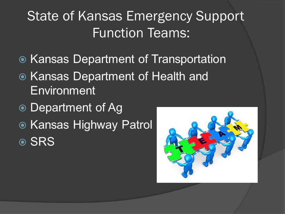 State of Kansas Emergency Support Function Teams:  Kansas Department of Transportation  Kansas Department of Health and Environment  Department of Ag  Kansas Highway Patrol  SRS