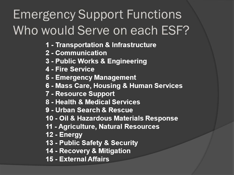 Emergency Support Functions Who would Serve on each ESF.