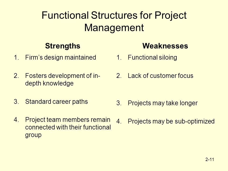 2-11 Functional Structures for Project Management StrengthsWeaknesses 1.Firm’s design maintained 2.Fosters development of in- depth knowledge 3.Standard career paths 4.Project team members remain connected with their functional group 1.Functional siloing 2.Lack of customer focus 3.Projects may take longer 4.Projects may be sub-optimized