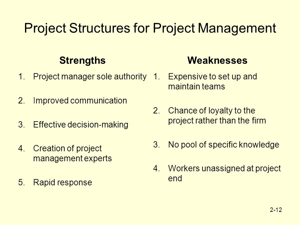 2-12 Project Structures for Project Management StrengthsWeaknesses 1.Project manager sole authority 2.Improved communication 3.Effective decision-making 4.Creation of project management experts 5.Rapid response 1.Expensive to set up and maintain teams 2.Chance of loyalty to the project rather than the firm 3.No pool of specific knowledge 4.Workers unassigned at project end