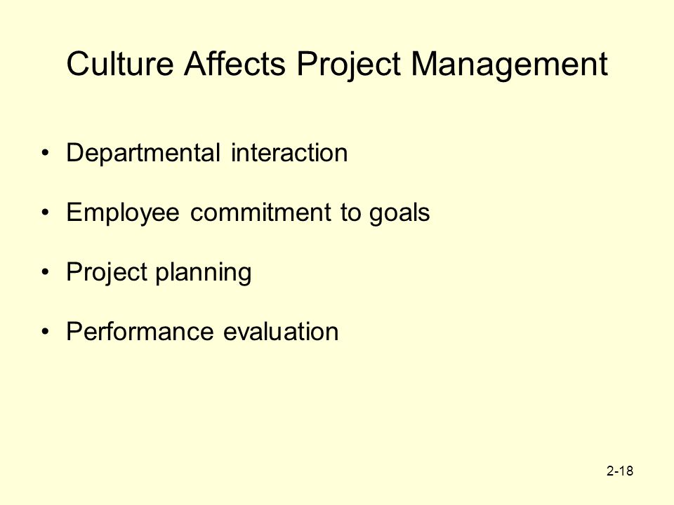 2-18 Culture Affects Project Management Departmental interaction Employee commitment to goals Project planning Performance evaluation