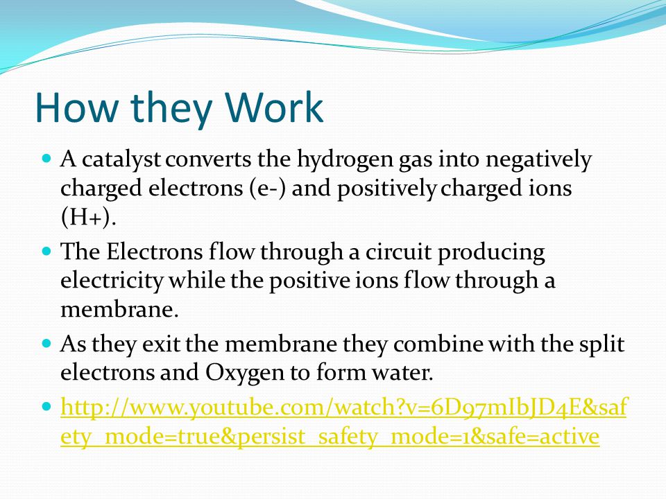 How they Work A catalyst converts the hydrogen gas into negatively charged electrons (e-) and positively charged ions (H+).