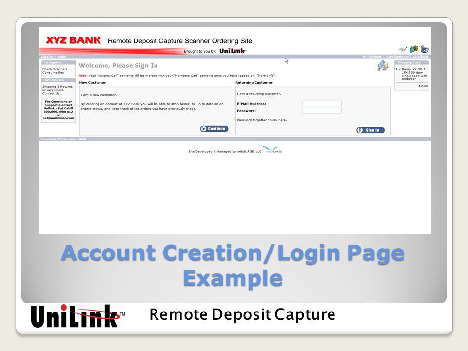 Account Creation/Login Page Example Remote Deposit Capture