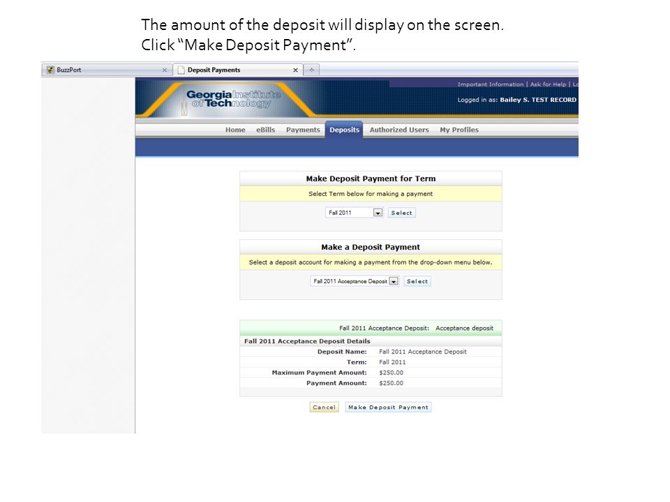 The amount of the deposit will display on the screen. Click Make Deposit Payment .