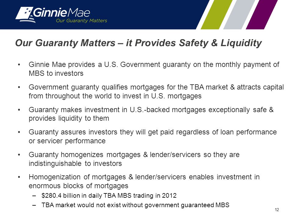 12 Our Guaranty Matters – it Provides Safety & Liquidity Ginnie Mae provides a U.S.