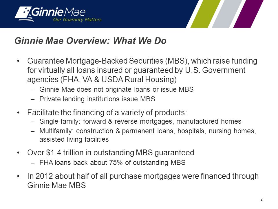 2 Ginnie Mae Overview: What We Do Guarantee Mortgage-Backed Securities (MBS), which raise funding for virtually all loans insured or guaranteed by U.S.