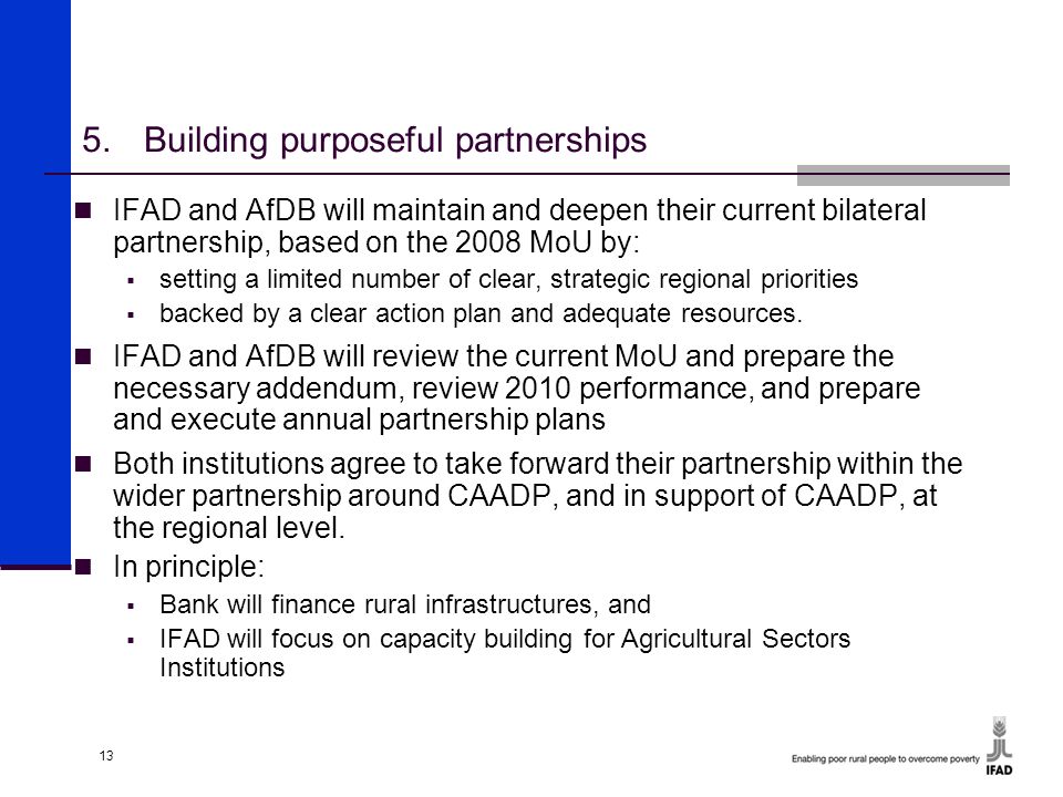 13 5.Building purposeful partnerships IFAD and AfDB will maintain and deepen their current bilateral partnership, based on the 2008 MoU by:  setting a limited number of clear, strategic regional priorities  backed by a clear action plan and adequate resources.
