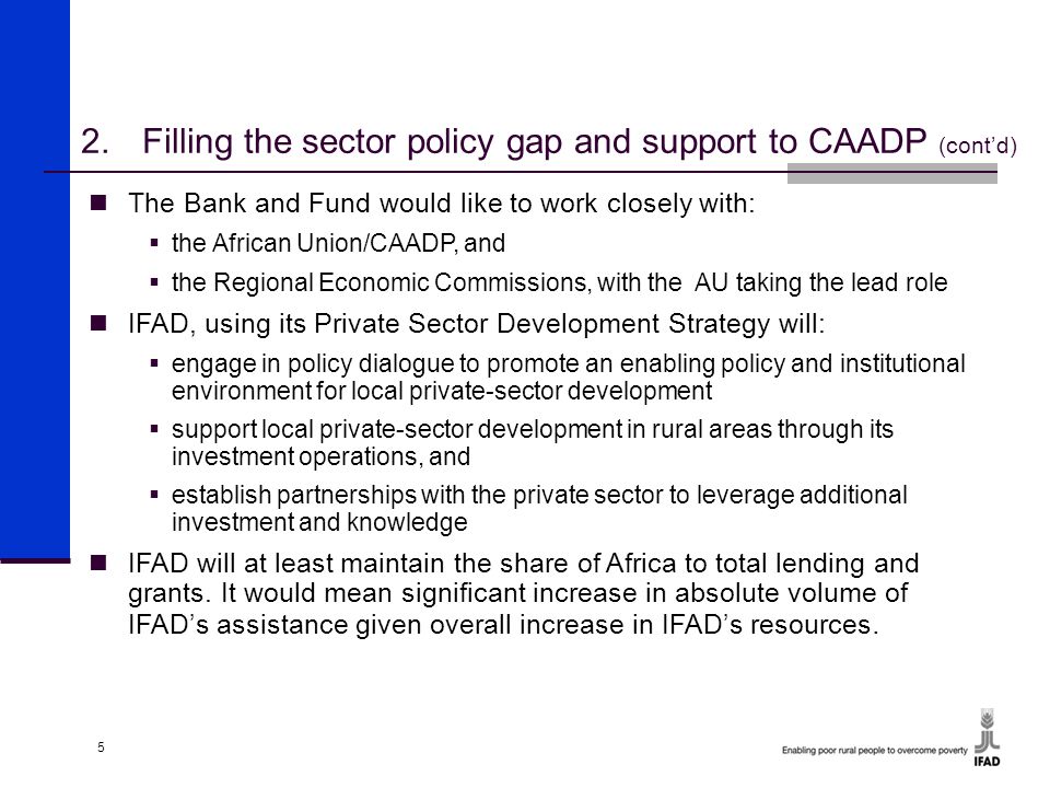 5 2.Filling the sector policy gap and support to CAADP (cont’d) The Bank and Fund would like to work closely with:  the African Union/CAADP, and  the Regional Economic Commissions, with the AU taking the lead role IFAD, using its Private Sector Development Strategy will:  engage in policy dialogue to promote an enabling policy and institutional environment for local private ‑ sector development  support local private ‑ sector development in rural areas through its investment operations, and  establish partnerships with the private sector to leverage additional investment and knowledge IFAD will at least maintain the share of Africa to total lending and grants.