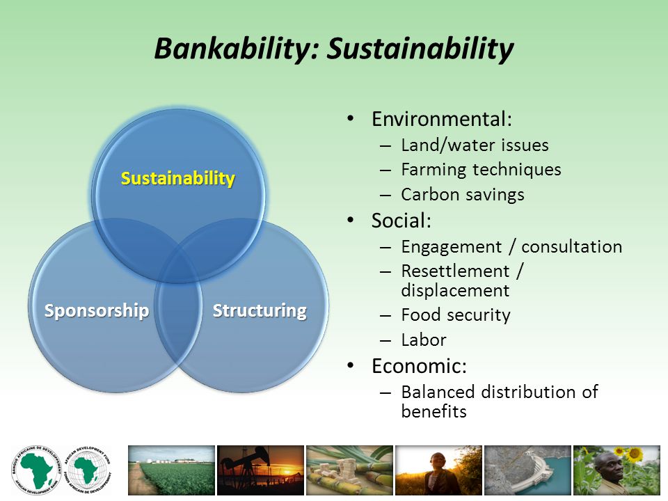 Bankability: Sustainability Environmental: – Land/water issues – Farming techniques – Carbon savings Social: – Engagement / consultation – Resettlement / displacement – Food security – Labor Economic: – Balanced distribution of benefits StructuringSponsorship