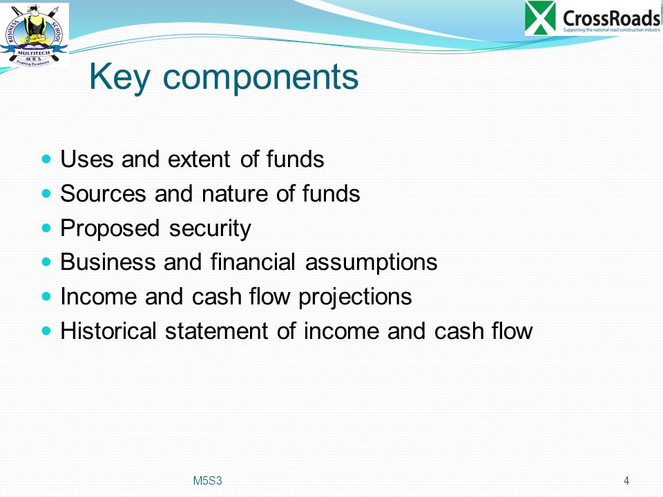 Key components Uses and extent of funds Sources and nature of funds Proposed security Business and financial assumptions Income and cash flow projections Historical statement of income and cash flow M5S34