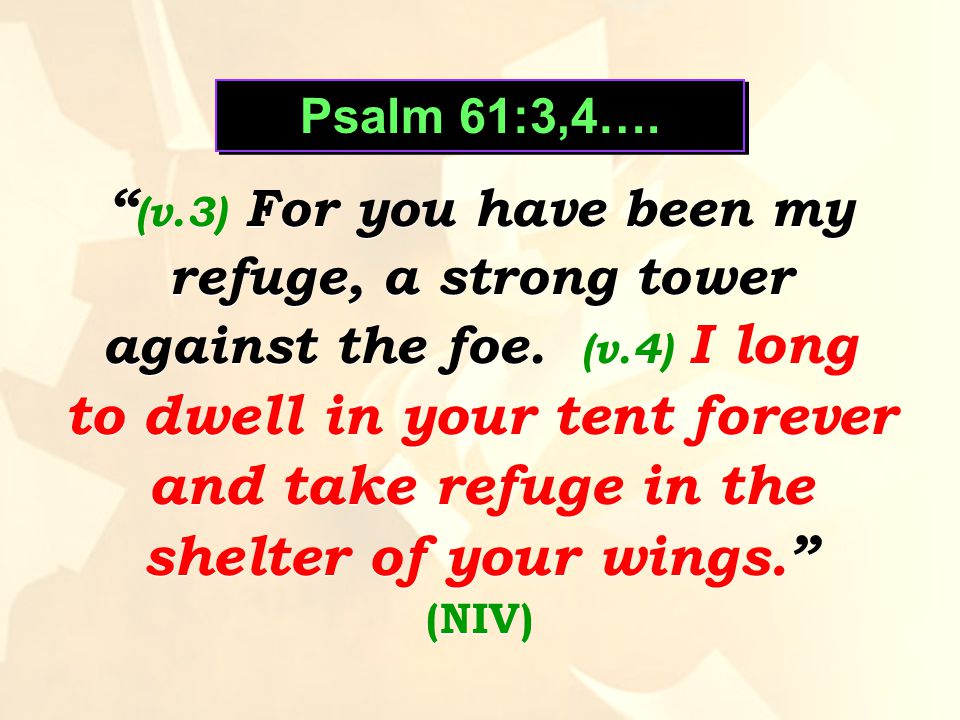 Psalm 61:3,4…. (v.3) For you have been my refuge, a strong tower against the foe.