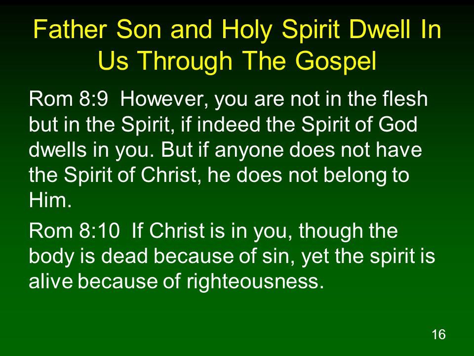 16 Father Son and Holy Spirit Dwell In Us Through The Gospel Rom 8:9 However, you are not in the flesh but in the Spirit, if indeed the Spirit of God dwells in you.