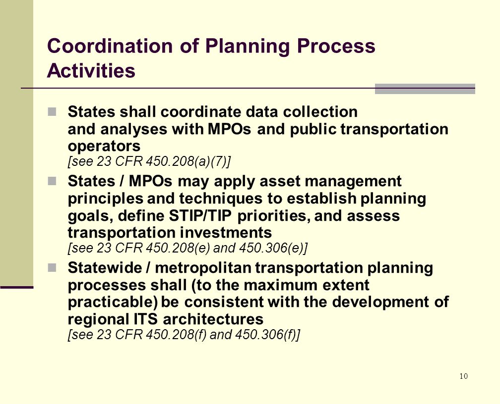 10 Coordination of Planning Process Activities States shall coordinate data collection and analyses with MPOs and public transportation operators [see 23 CFR (a)(7)] States / MPOs may apply asset management principles and techniques to establish planning goals, define STIP/TIP priorities, and assess transportation investments [see 23 CFR (e) and (e)] Statewide / metropolitan transportation planning processes shall (to the maximum extent practicable) be consistent with the development of regional ITS architectures [see 23 CFR (f) and (f)]