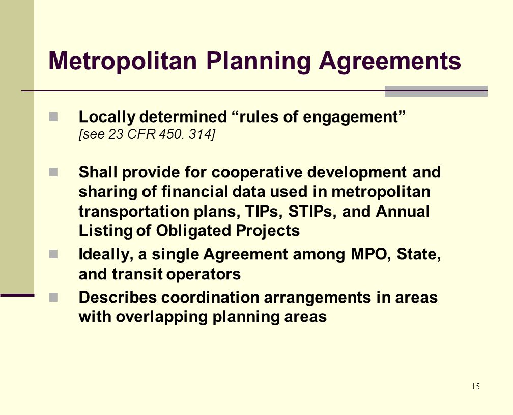 15 Metropolitan Planning Agreements Locally determined rules of engagement [see 23 CFR 450.