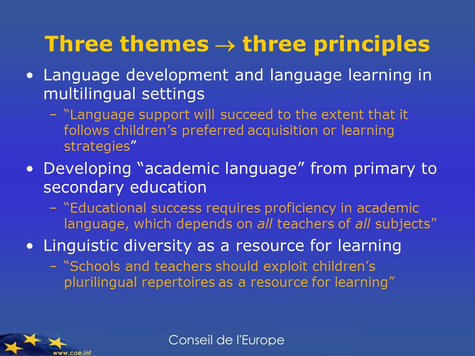 Three themes  three principles Language development and language learning in multilingual settings – Language support will succeed to the extent that it follows children’s preferred acquisition or learning strategies Developing academic language from primary to secondary education – Educational success requires proficiency in academic language, which depends on all teachers of all subjects Linguistic diversity as a resource for learning – Schools and teachers should exploit children’s plurilingual repertoires as a resource for learning