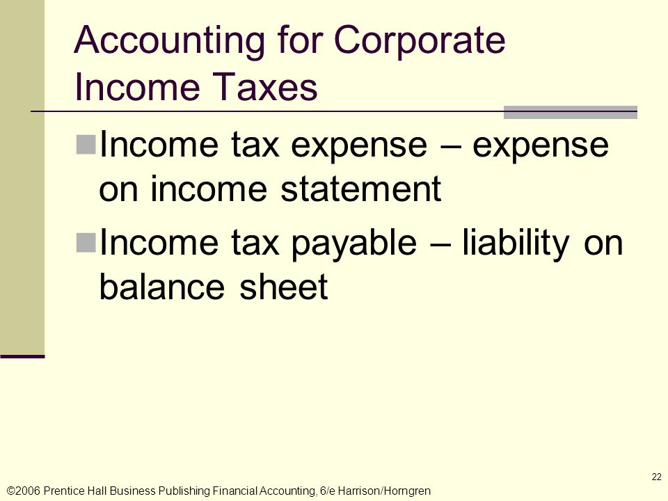 ©2006 Prentice Hall Business Publishing Financial Accounting, 6/e Harrison/Horngren 22 Accounting for Corporate Income Taxes Income tax expense – expense on income statement Income tax payable – liability on balance sheet