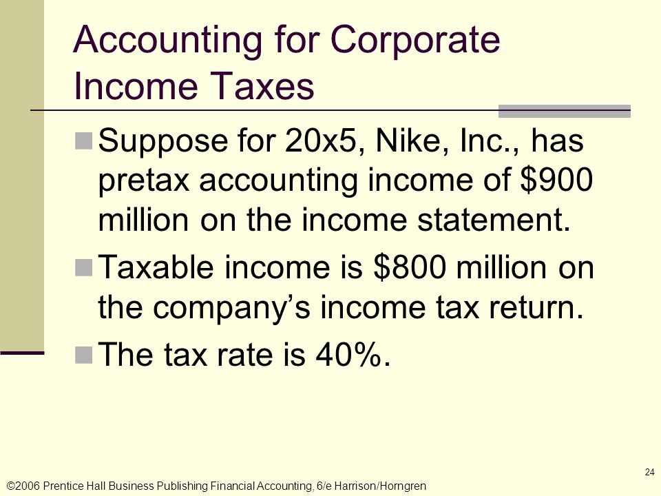 ©2006 Prentice Hall Business Publishing Financial Accounting, 6/e Harrison/Horngren 24 Suppose for 20x5, Nike, Inc., has pretax accounting income of $900 million on the income statement.