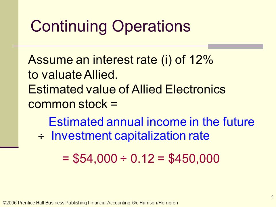 ©2006 Prentice Hall Business Publishing Financial Accounting, 6/e Harrison/Horngren 9 Continuing Operations Assume an interest rate (i) of 12% to valuate Allied.