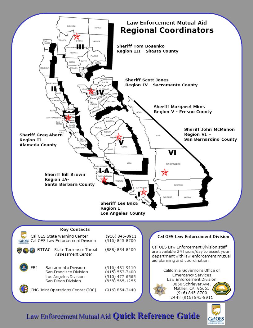 Law Enforcement Mutual Aid Quick Reference Guide       Law Enforcement Mutual Aid Regional Coordinators Sheriff John McMahon Region VI – San Bernardino County Sheriff Scott Jones Region IV - Sacramento County Sheriff Margaret Mims Region V - Fresno County Sheriff Bill Brown Region IA- Santa Barbara County Sheriff Lee Baca Region I Los Angeles County Cal OES State Warning Center (916) Cal OES Law Enforcement Division (916) STTAC State Terrorism Threat (888) Assessment Center FBISacramento Division(916) San Francisco Division(415) Los Angeles Division(310) San Diego Division(858) CNG Joint Operations Center (JOC)(916) California Governor’s Office of Emergency Services Law Enforcement Division 3650 Schriever Ave.