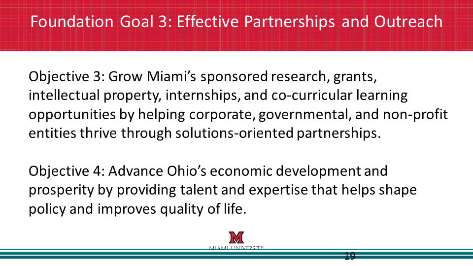 19 Foundation Goal 3: Effective Partnerships and Outreach Objective 3: Grow Miami’s sponsored research, grants, intellectual property, internships, and co-curricular learning opportunities by helping corporate, governmental, and non-profit entities thrive through solutions-oriented partnerships.