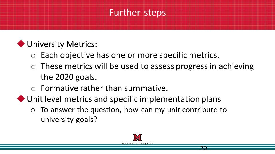 20 Further steps  University Metrics: o Each objective has one or more specific metrics.