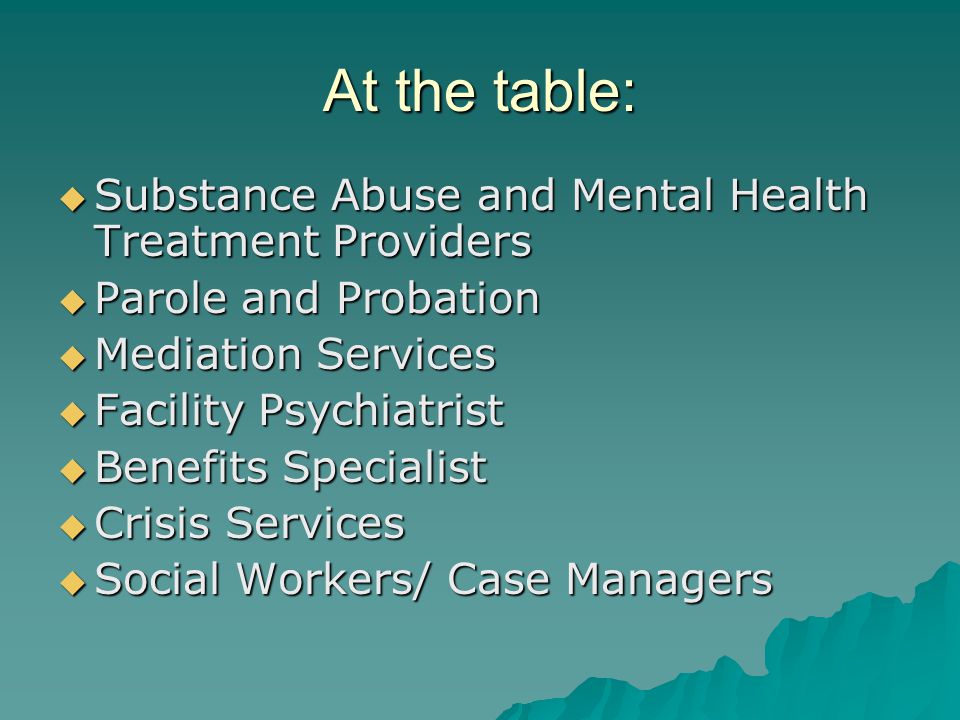 At the table:  Substance Abuse and Mental Health Treatment Providers  Parole and Probation  Mediation Services  Facility Psychiatrist  Benefits Specialist  Crisis Services  Social Workers/ Case Managers