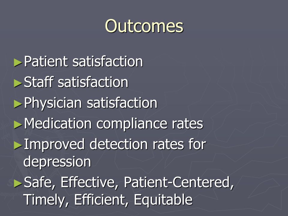 Outcomes ► Patient satisfaction ► Staff satisfaction ► Physician satisfaction ► Medication compliance rates ► Improved detection rates for depression ► Safe, Effective, Patient-Centered, Timely, Efficient, Equitable