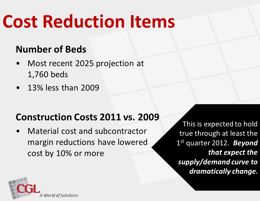 Cost Reduction Items A World of Solutions Number of Beds Most recent 2025 projection at 1,760 beds 13% less than 2009 Construction Costs 2011 vs.