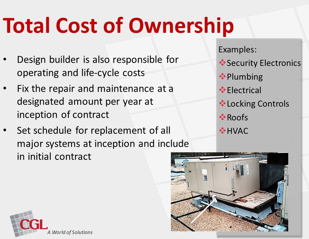 Design builder is also responsible for operating and life-cycle costs Fix the repair and maintenance at a designated amount per year at inception of contract Set schedule for replacement of all major systems at inception and include in initial contract Total Cost of Ownership A World of Solutions Examples:  Security Electronics  Plumbing  Electrical  Locking Controls  Roofs  HVAC