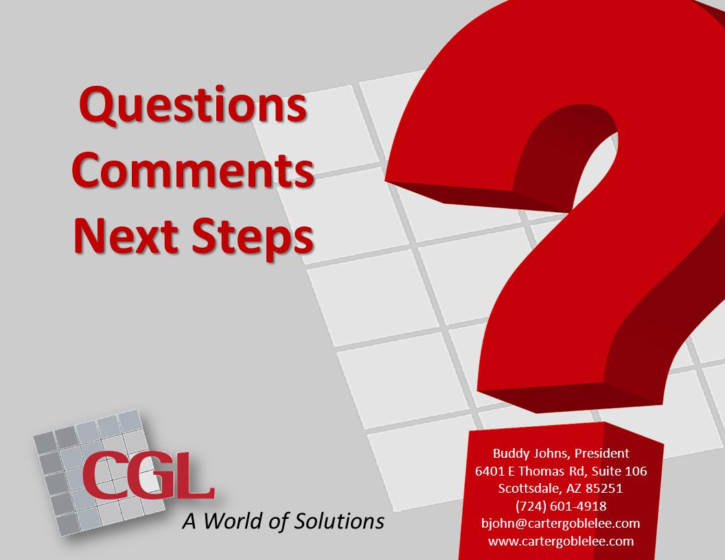 Questions Comments Next Steps A World of Solutions Buddy Johns, President 6401 E Thomas Rd, Suite 106 Scottsdale, AZ (724)