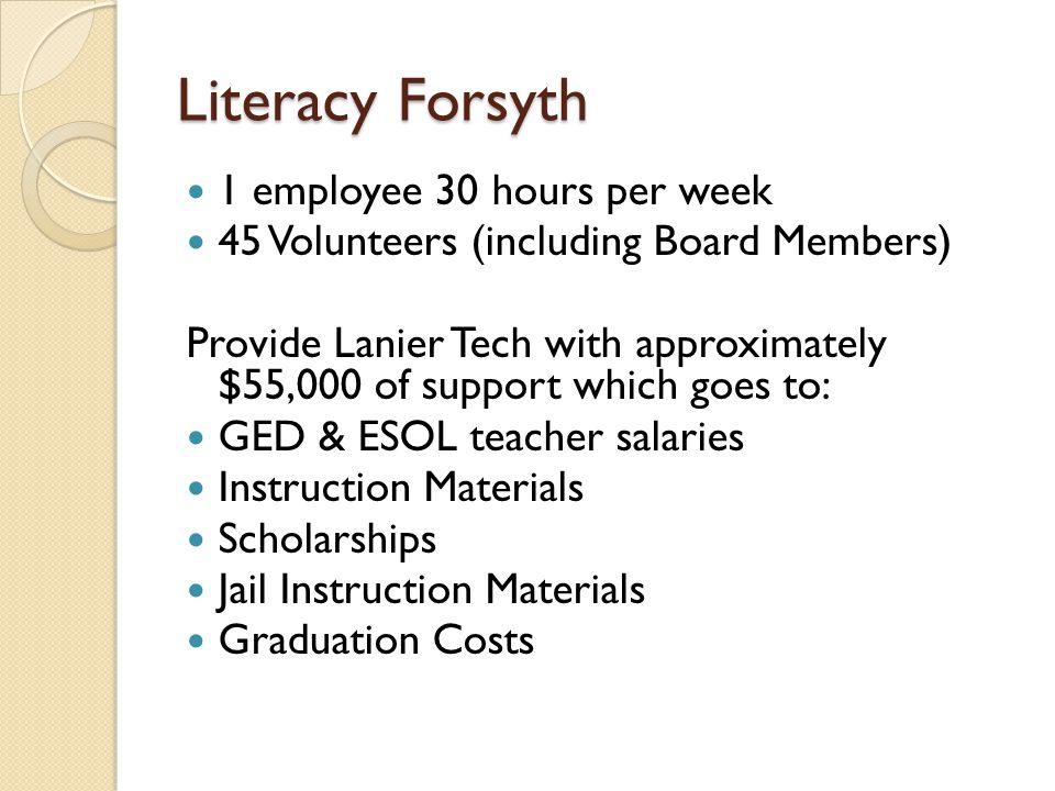 Literacy Forsyth 1 employee 30 hours per week 45 Volunteers (including Board Members) Provide Lanier Tech with approximately $55,000 of support which goes to: GED & ESOL teacher salaries Instruction Materials Scholarships Jail Instruction Materials Graduation Costs