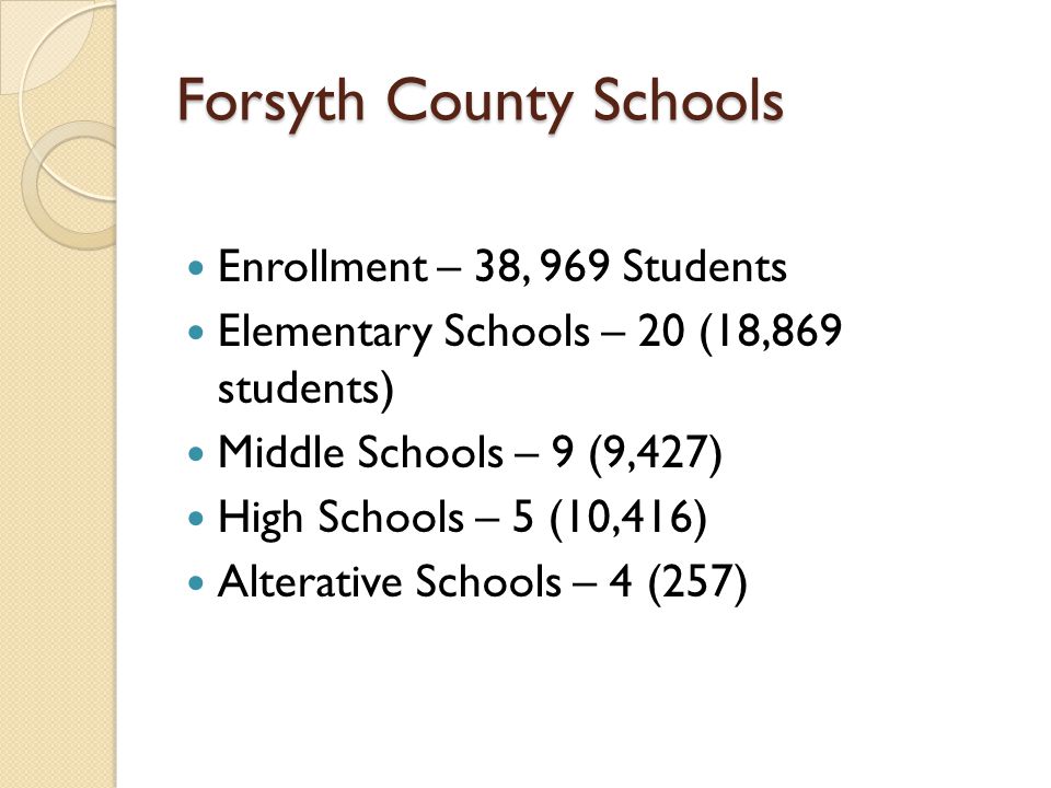 Forsyth County Schools Enrollment – 38, 969 Students Elementary Schools – 20 (18,869 students) Middle Schools – 9 (9,427) High Schools – 5 (10,416) Alterative Schools – 4 (257)