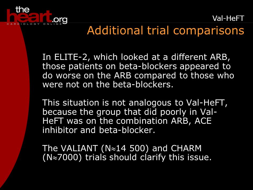 Additional trial comparisons In ELITE-2, which looked at a different ARB, those patients on beta-blockers appeared to do worse on the ARB compared to those who were not on the beta-blockers.