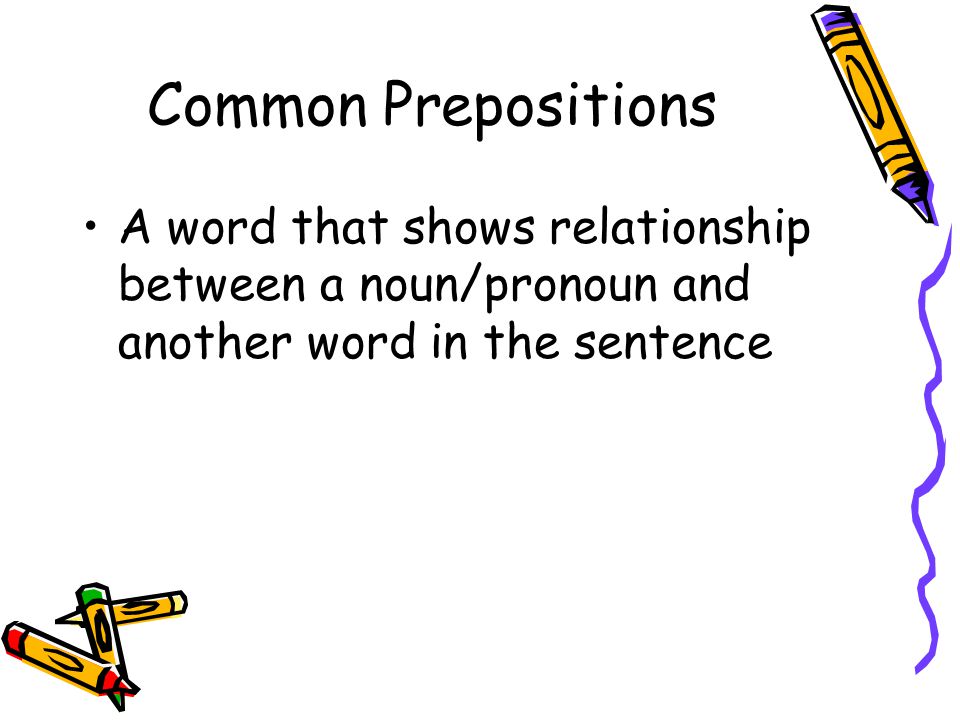 Common Prepositions A word that shows relationship between a noun/pronoun and another word in the sentence