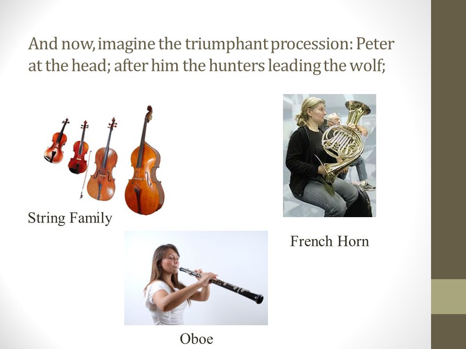 And now, imagine the triumphant procession: Peter at the head; after him the hunters leading the wolf; String Family Oboe French Horn