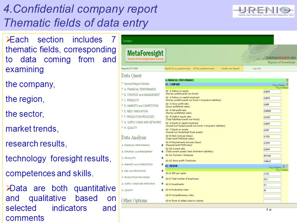 12 4.Confidential company report Thematic fields of data entry  Each section includes 7 thematic fields, corresponding to data coming from and examining the company, the region, the sector, market trends, research results, technology foresight results, competences and skills.