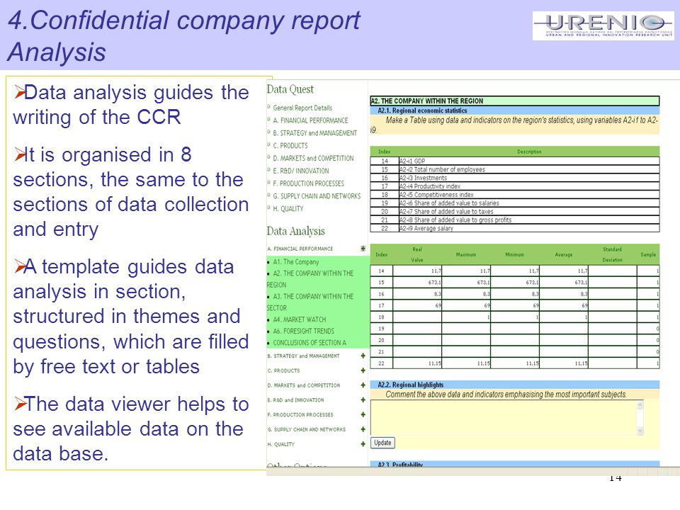 14 4.Confidential company report Analysis  Data analysis guides the writing of the CCR  It is organised in 8 sections, the same to the sections of data collection and entry  A template guides data analysis in section, structured in themes and questions, which are filled by free text or tables  The data viewer helps to see available data on the data base.