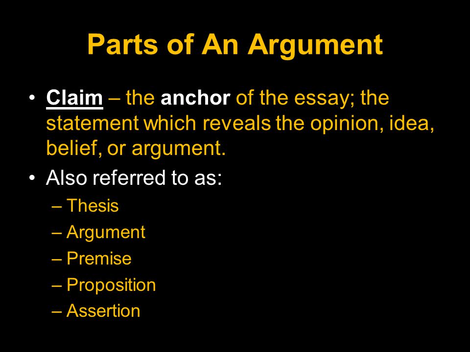 Parts of An Argument Claim – the anchor of the essay; the statement which reveals the opinion, idea, belief, or argument.